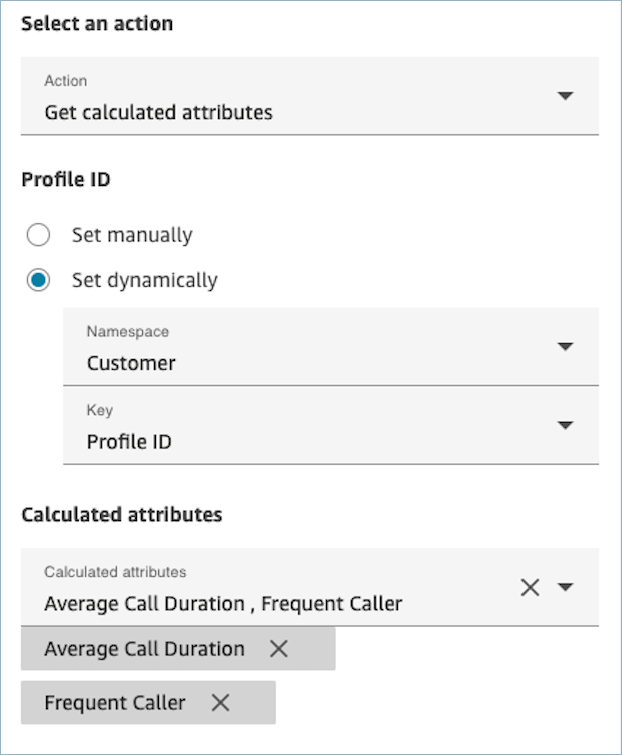 Customer Profiles GetCalculatedAttributes 블록의 속성 페이지.