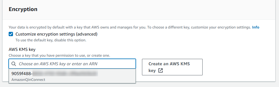 AWS KMS 키를 사용자 지정하고 선택하는 옵션이 있는 암호화 설정 인터페이스입니다.