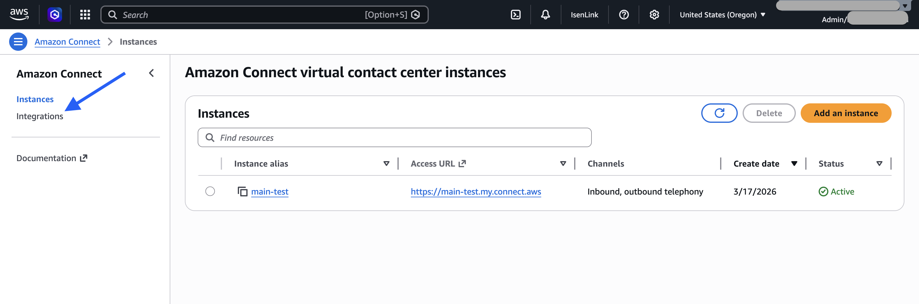 Amazon Connect 콘솔, 통합 메뉴 항목.