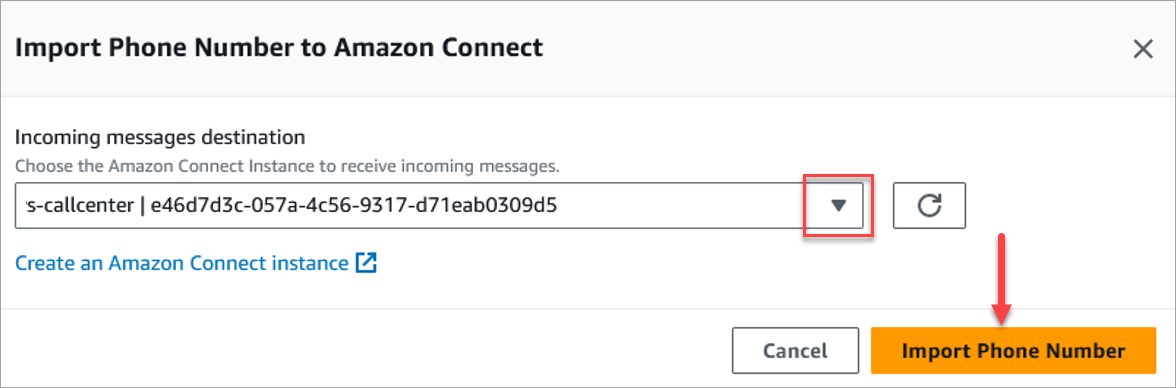 전화번호 AWS 최종 사용자 메시징 SMS 가져오기 페이지.