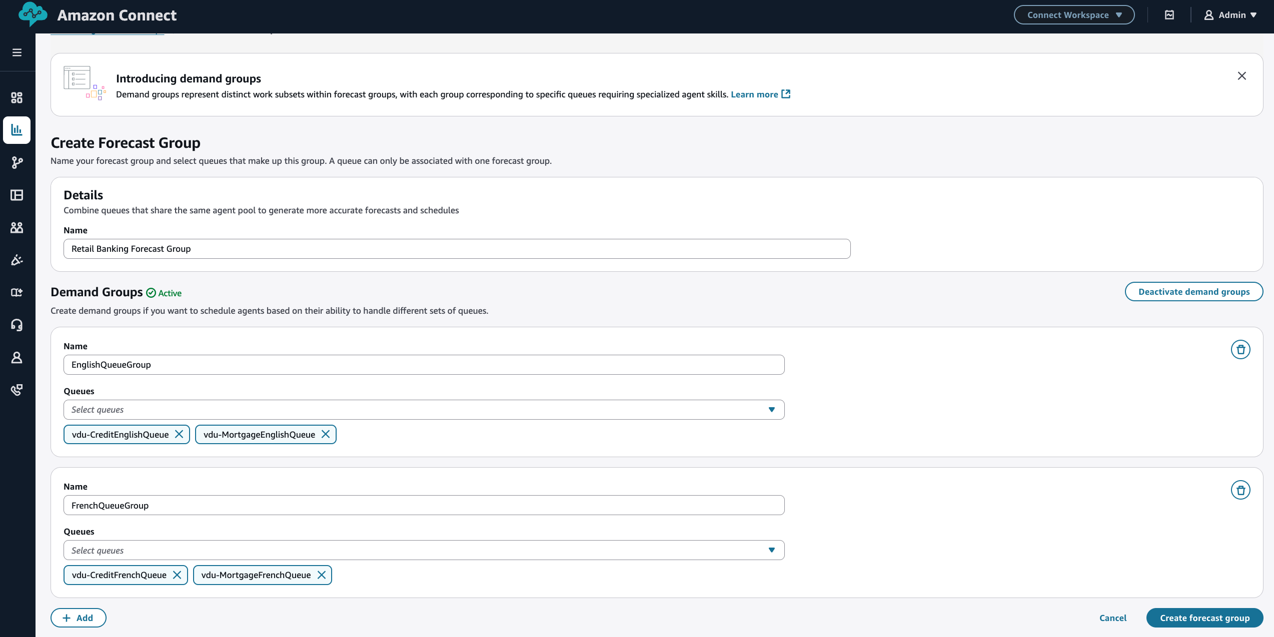 대기열을 검색하고 추가하여 수요 그룹을 생성합니다.