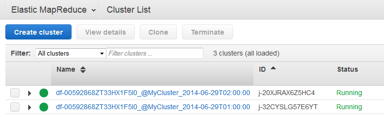 Elastic MapReduce 클러스터 list showing three running clusters with unique identifiers.