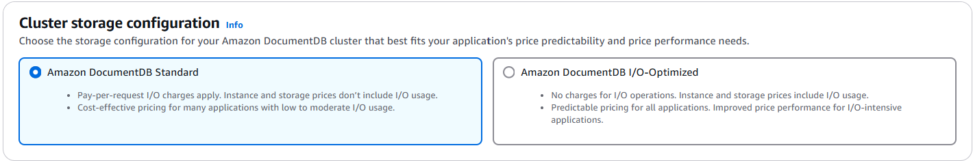 Amazon DocumentDB Standard 옵션이 강조 표시되고 두 스토리지 유형이 모두 설명된 스토리지 유형 선택.