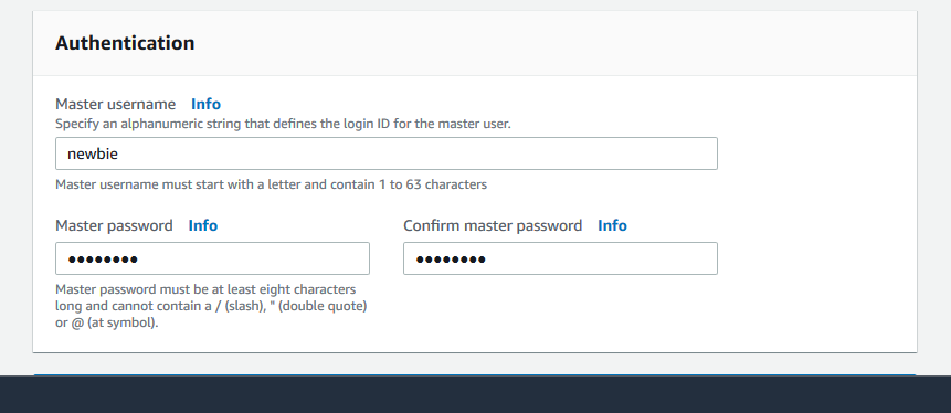 새 Amazon DocumentDB 클러스터의 마스터 사용자 이름과 암호를 지정하는 인증 양식입니다.