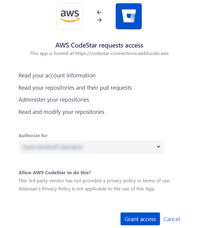 AWS CodeStar가 액세스를 요청하는 콘솔 스크린샷입니다.