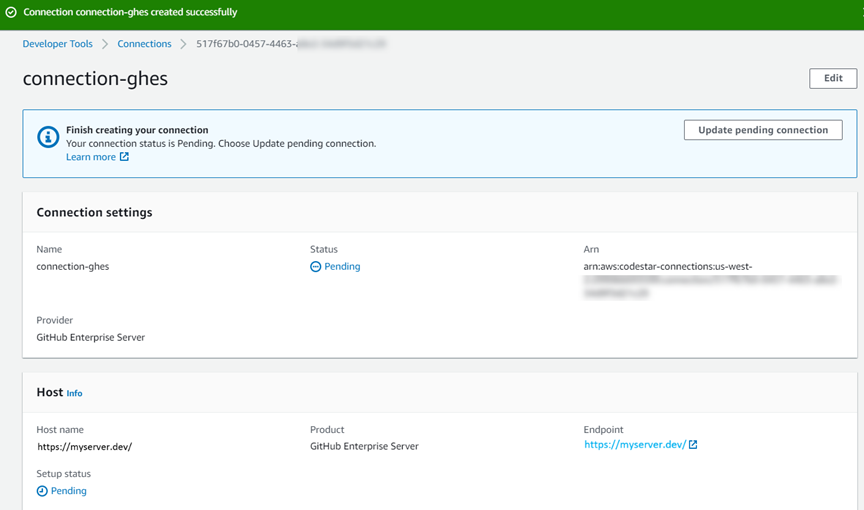 보류 중인 GitHub Enterprise Server 연결 페이지를 보여주는 콘솔 스크린 샷입니다.