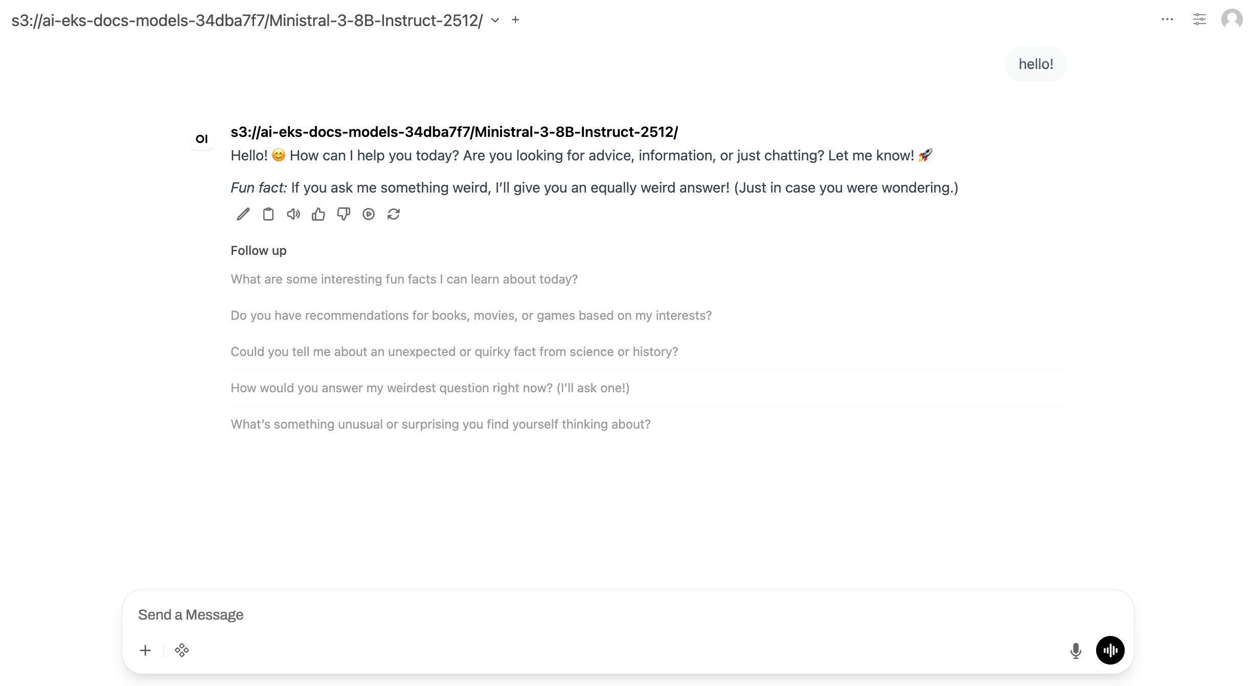 Ministral 모델과의 대화를 보여주는 Open WebUI 채팅 인터페이스의 스크린샷
