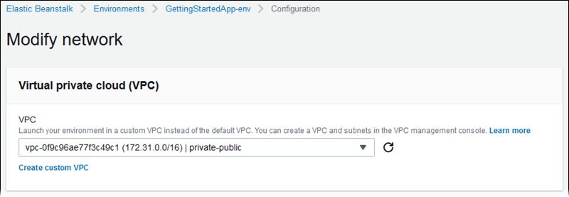 Elastic Beanstalk 콘솔에 있는 네트워크 구성 수정 페이지의 VPC 섹션