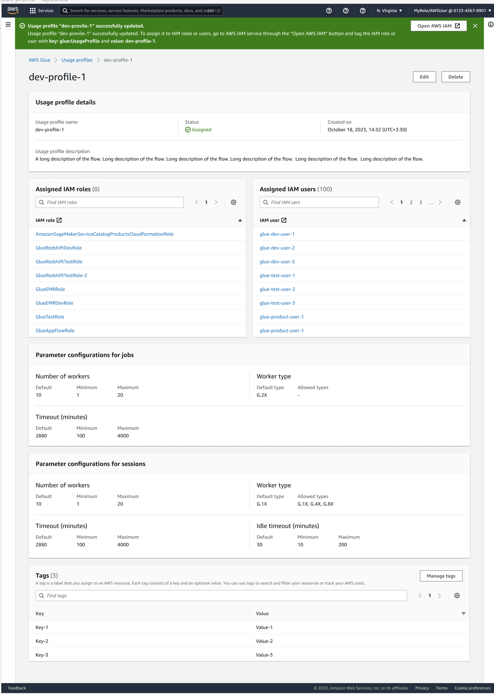 AWS Glue에서 자신에게 할당된 사용 프로필을 보는 사용자의 예
