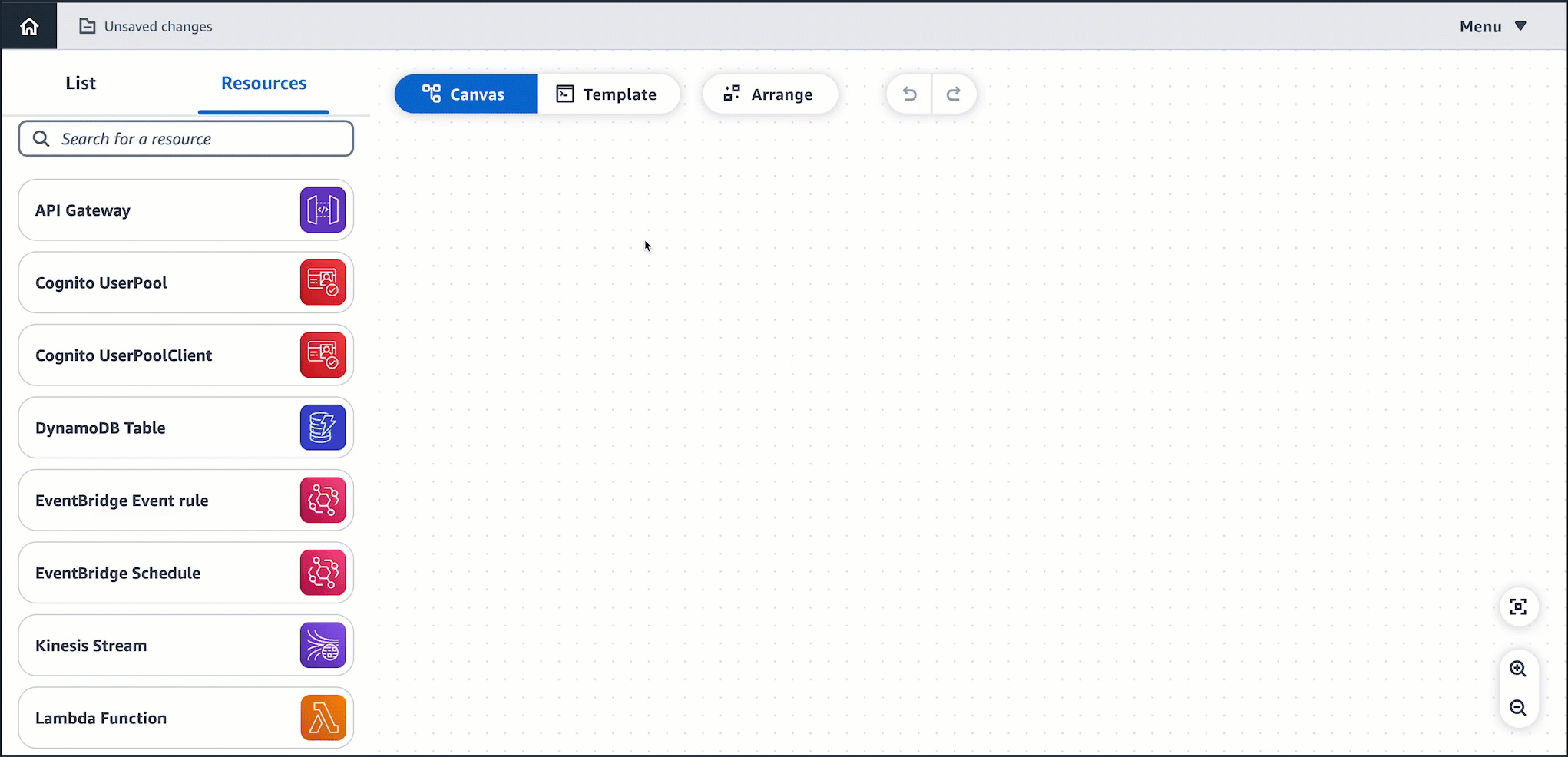 API Gateway API, Lambda 함수 및 DynamoDB 테이블이 함께 연결된 Infrastructure Composer 캔버스입니다.