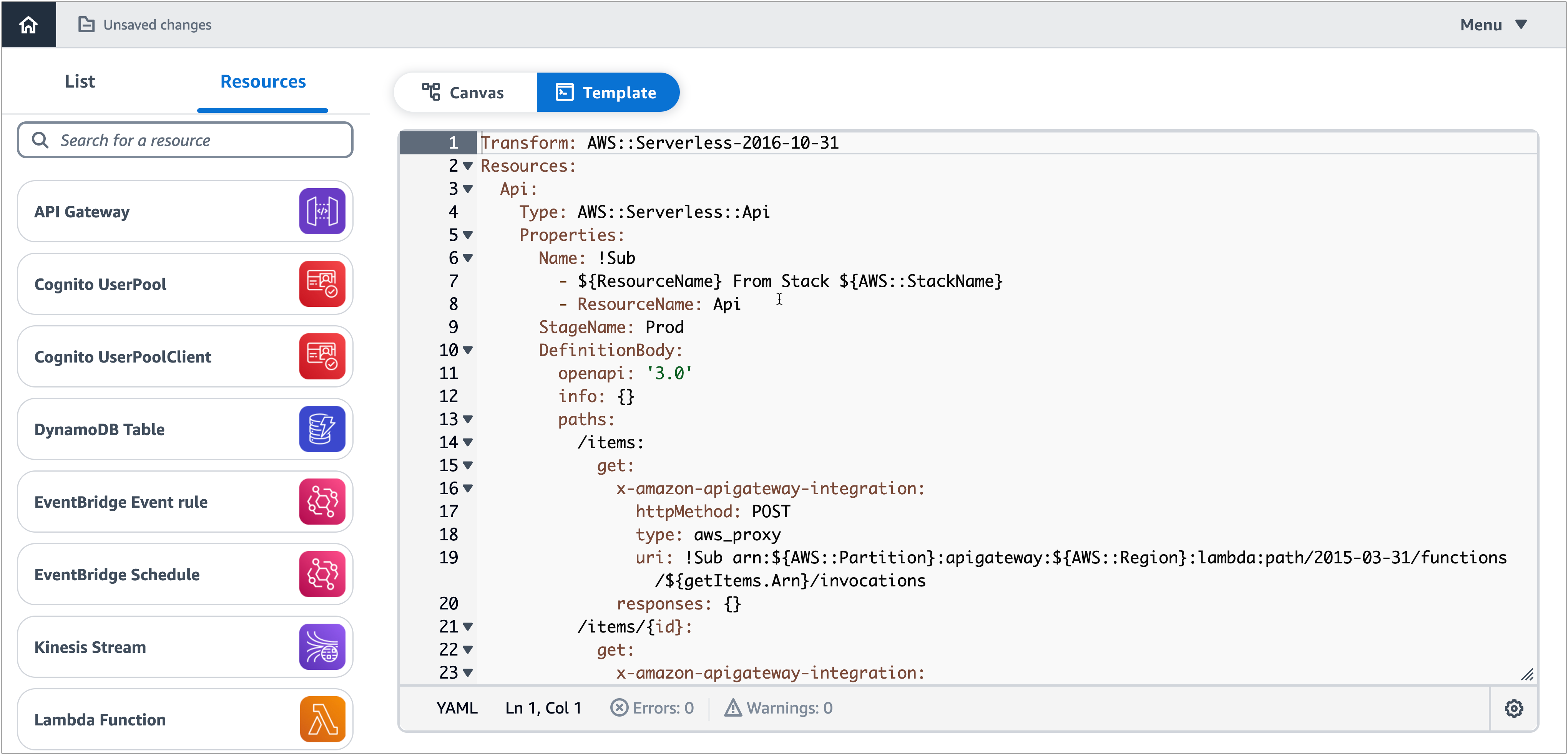 API Gateway API, Lambda 함수 및 DynamoDB 테이블의 Infrastructure Composer 템플릿 보기입니다.