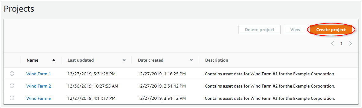 "프로젝트 생성"이 강조 표시된 "프로젝트" 페이지.