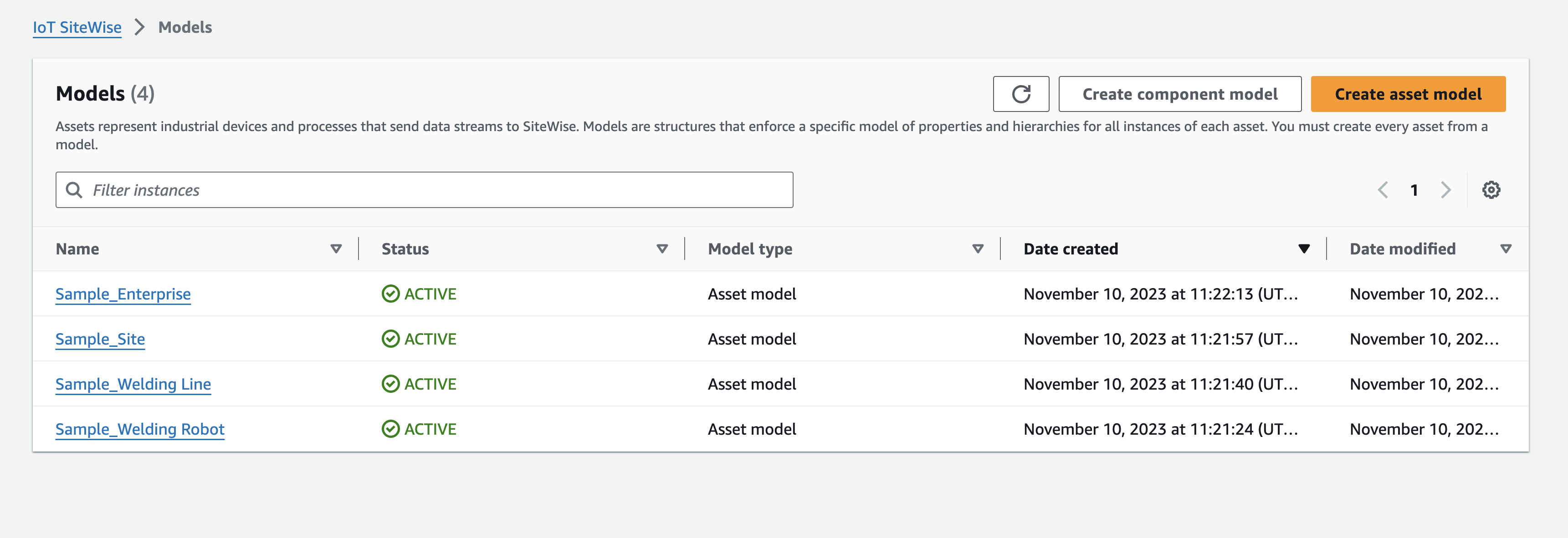 AWS IoT SiteWise 자산 및 자산 모델이 있는 모델.