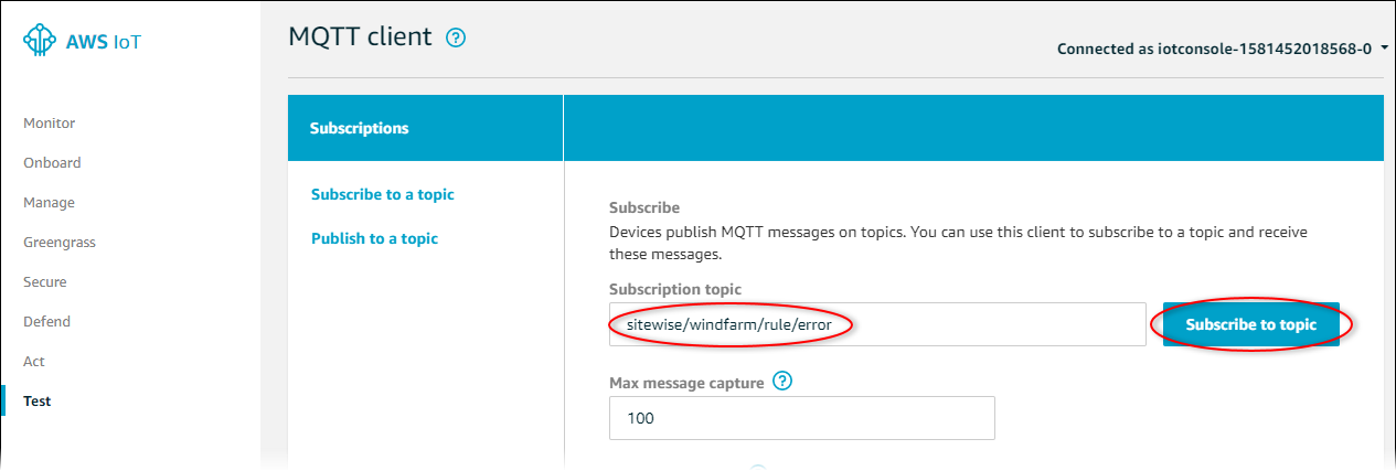 AWS IoT Core "주제 구독" 버튼이 강조 표시된 "MQTT 클라이언트" 페이지 스크린샷.