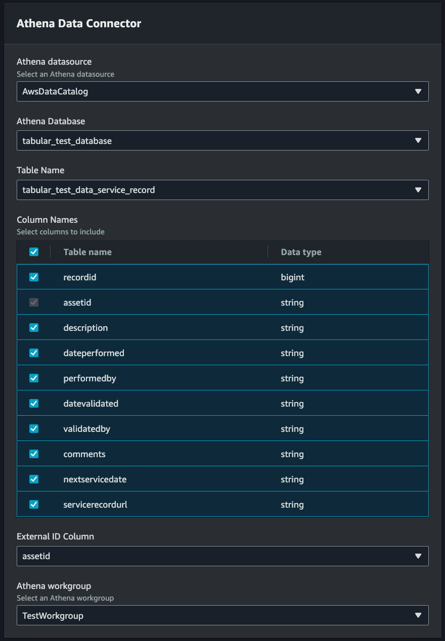 Athena Data Connector 콘솔 페이지에서는 데이터 소스, 데이터베이스, 테이블 이름 및 열을 선택할 수 있습니다.