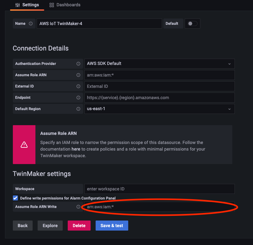 확인란이 선택되어 있고 ARN 항목 상자가 강조 표시된 Grafana 대시보드 설정 탭.