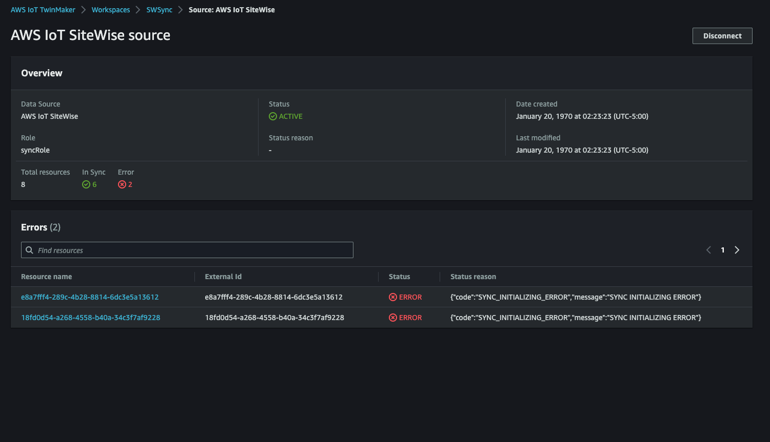 AWS IoT SiteWise 소스 페이지에는 오류를 포함한 자산 동기화 세부 정보가 표시됩니다.