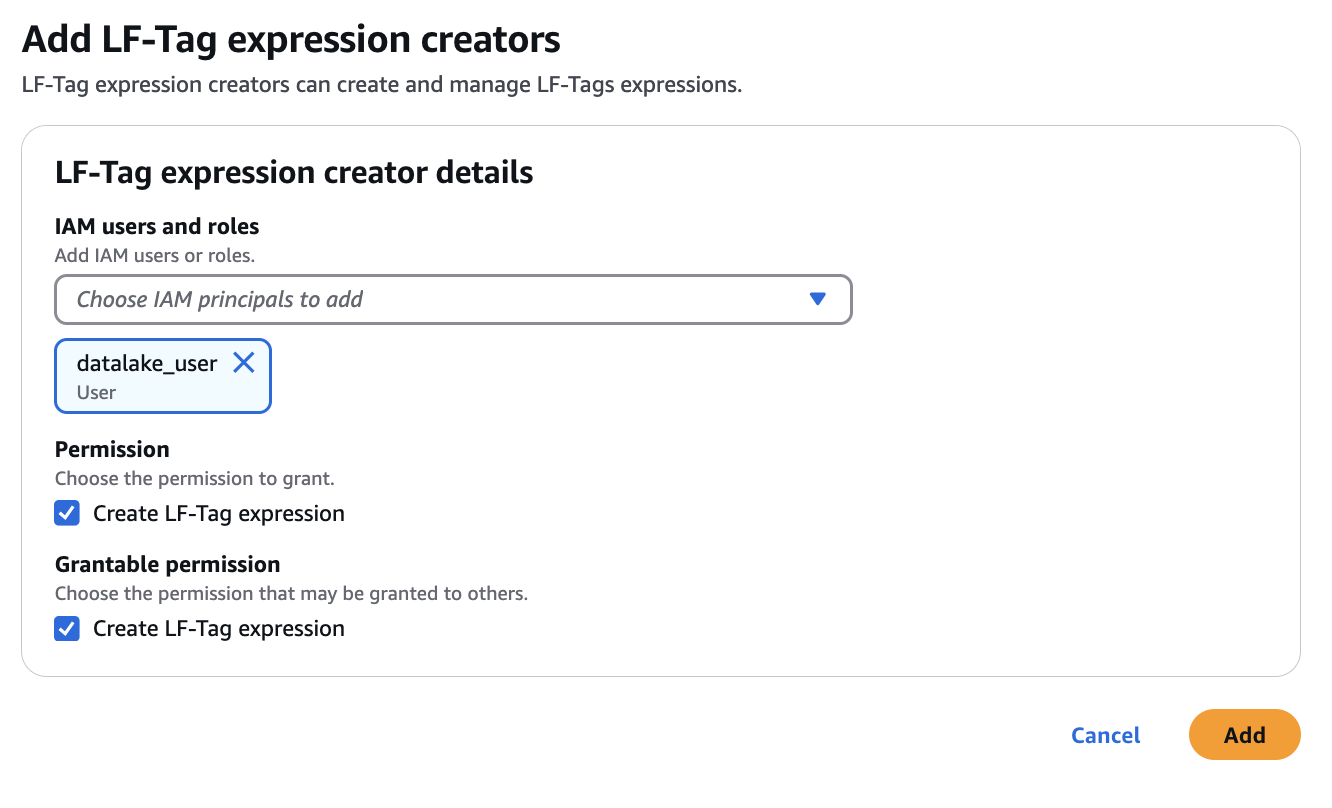 Form to add LF-Tag expression creators with IAM 사용자 selection and permissions.