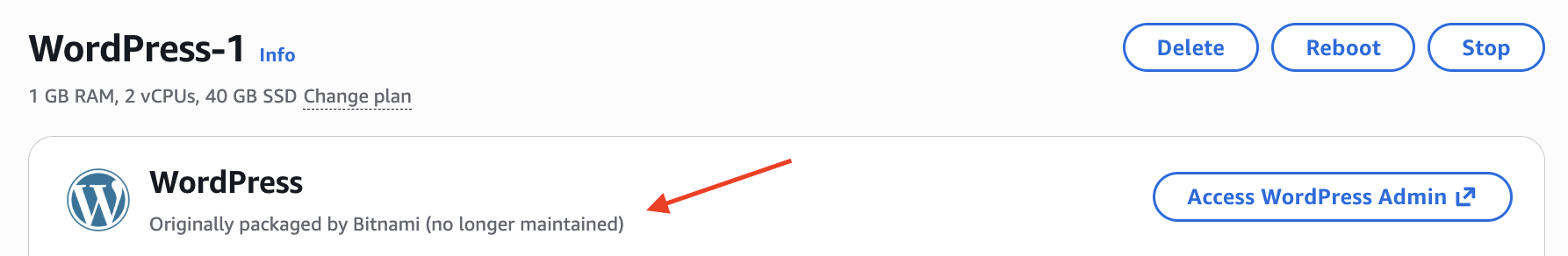 인스턴스 관리 페이지의 WordPress 블루프린트 공급업체