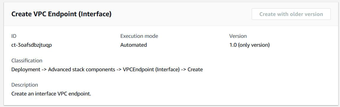 Interface for creating a VPC endpoint with ID, execution mode, and classification details.