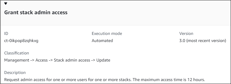 Grant stack admin access interface showing ID, execution mode, version, and description.