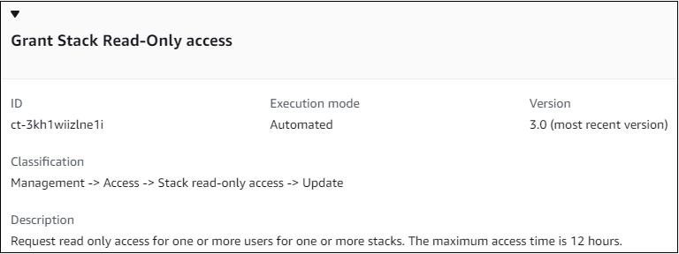 Grant Stack Read-Only access interface showing ID, execution mode, version, and description.