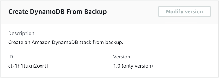 DynamoDB stack creation interface showing description, ID, and version details.