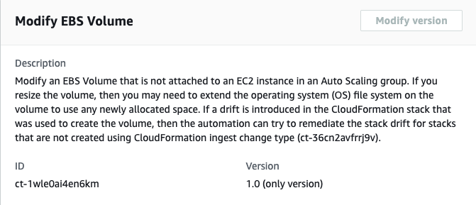Modify EBS Volume change type details with description and ID information.