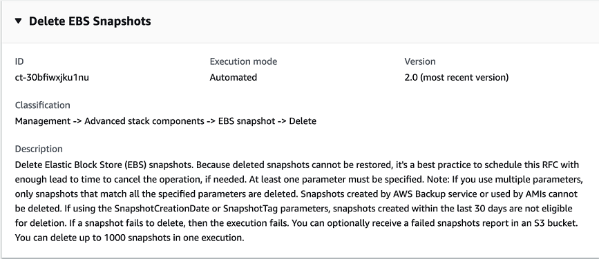 Delete EBS Snapshots operation details, including execution mode, version, and description.