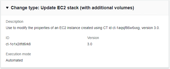 변경 사항 type details for updating EC2 stack with additional volumes, showing ID and version.