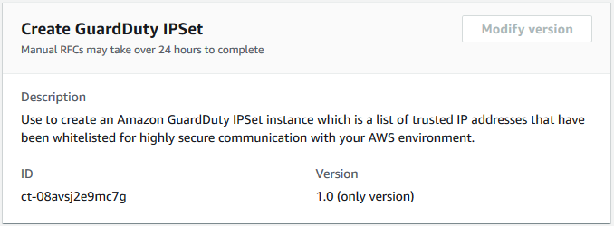 Create GuardDuty IPSet interface showing description, ID, and version details.