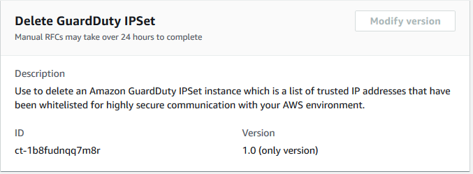 Delete GuardDuty IPSet interface showing description, ID, and version for an instance.