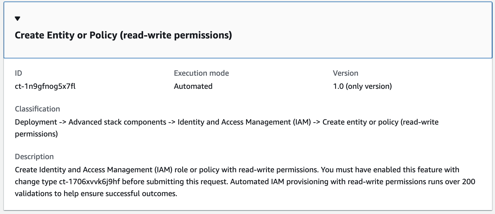 IAM role or policy creation interface with ID, execution mode, and description details.
