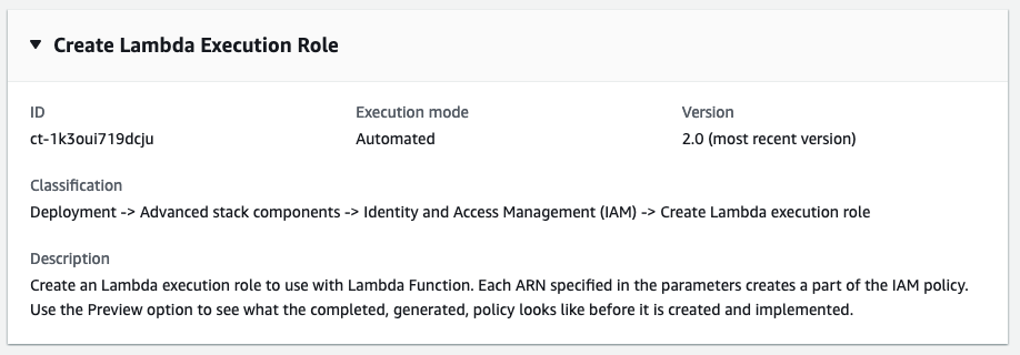 Create Lambda Execution Role interface with ID, execution mode, and version details.
