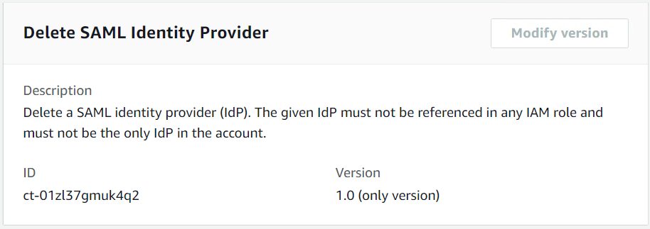 Delete SAML identity provider interface with description, ID, and version details.