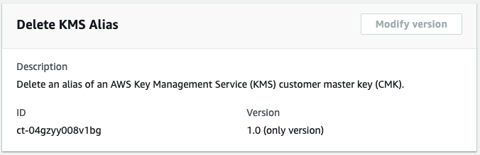 Delete KMS Alias interface showing description, ID, and version for an AWS KMS customer master key.