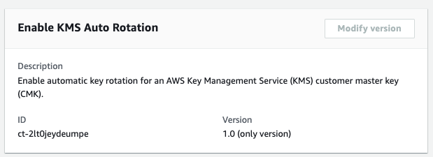 Enable KMS Auto Rotation panel showing description, ID, and version for AWS KMS customer master key.