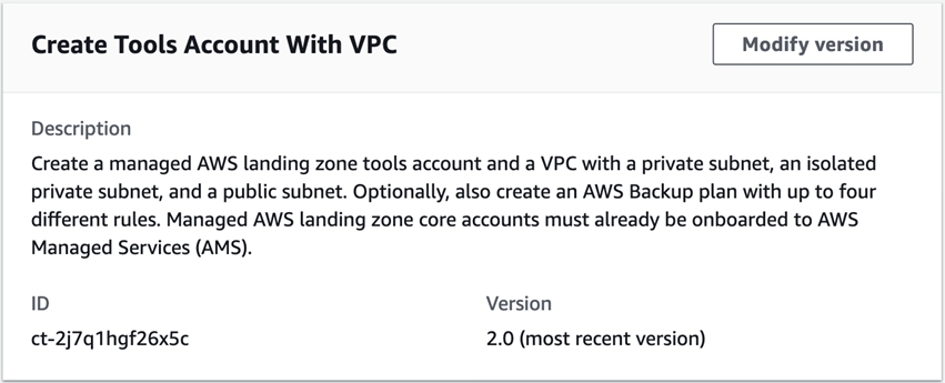 설명 of a change type for creating AWS tools account with VPC and optional backup plan.