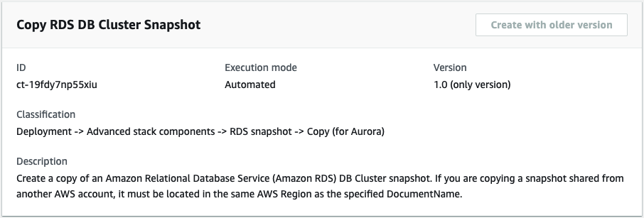 Details of an Amazon RDS DB 클러스터 snapshot copy operation, including ID and execution mode.