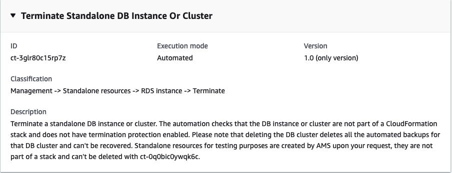 Terminate Standalone DB Instance Or 클러스터 interface with ID, execution mode, and classification details.