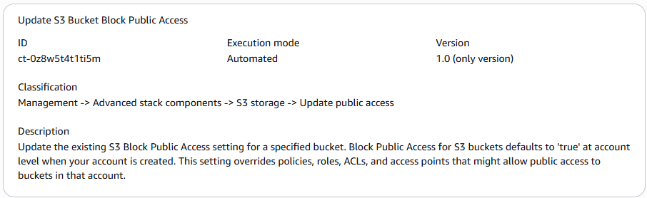 S3 Bucket Block Public Access update details, including ID, execution mode, and description.