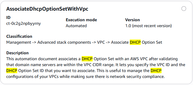 AMS 콘솔의 DHCP 옵션 세트 변경 유형 연결 스크린샷
