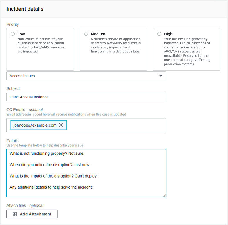 Incident details form with priority options, access issues dropdown, and input fields for subject and details.