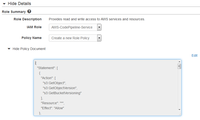 IAM role summary with AWS-CodePipeline-Service role and policy document editor.