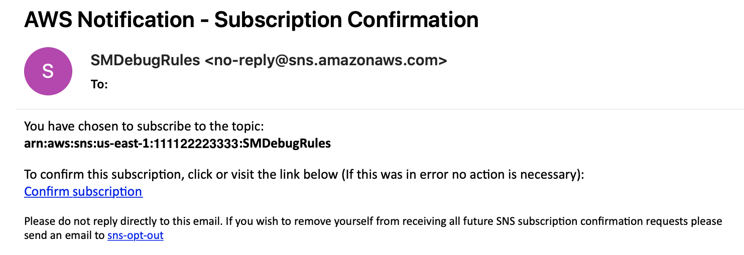Amazon SNS SMDebugRules 주제에 대한 구독 확인 이메일 메시지입니다.