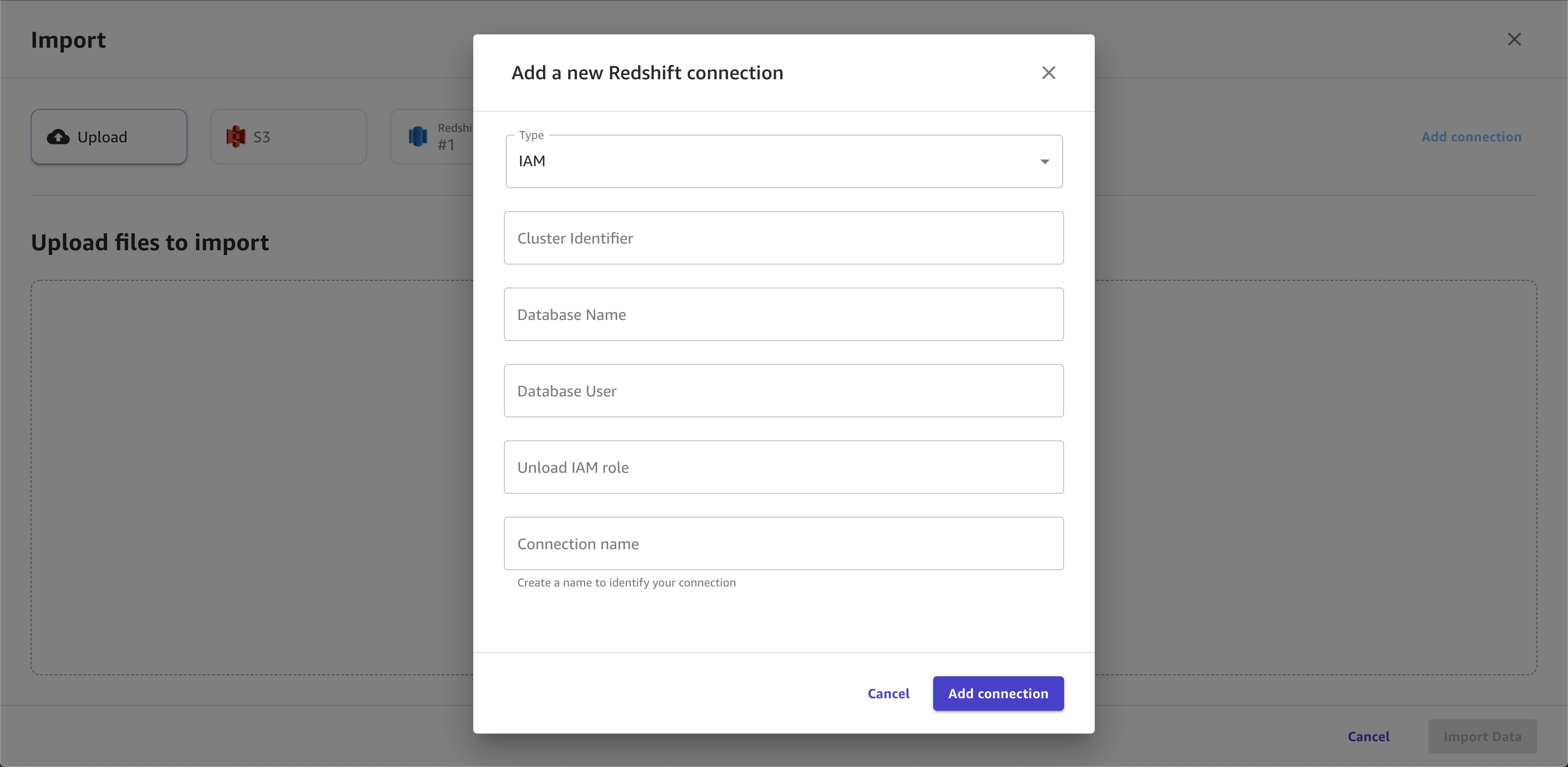Canvas에서 새 Redshift 연결 추가 대화 상자의 스크린샷