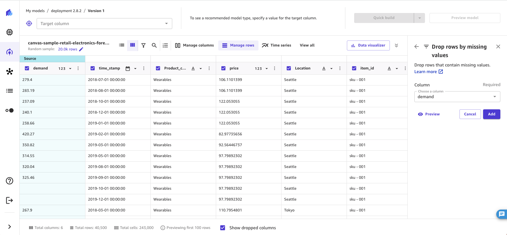 SageMaker Canvas 애플리케이션의 누락된 값을 통한 행 제거 작업의 스크린샷입니다.