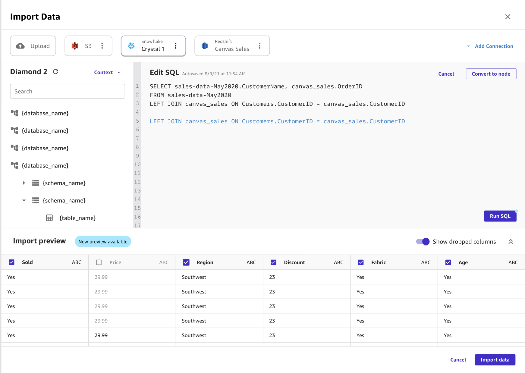 Canvas의 가져오기 페이지에 있는 SQL 편집 편집기의 SQL 쿼리 스크린샷