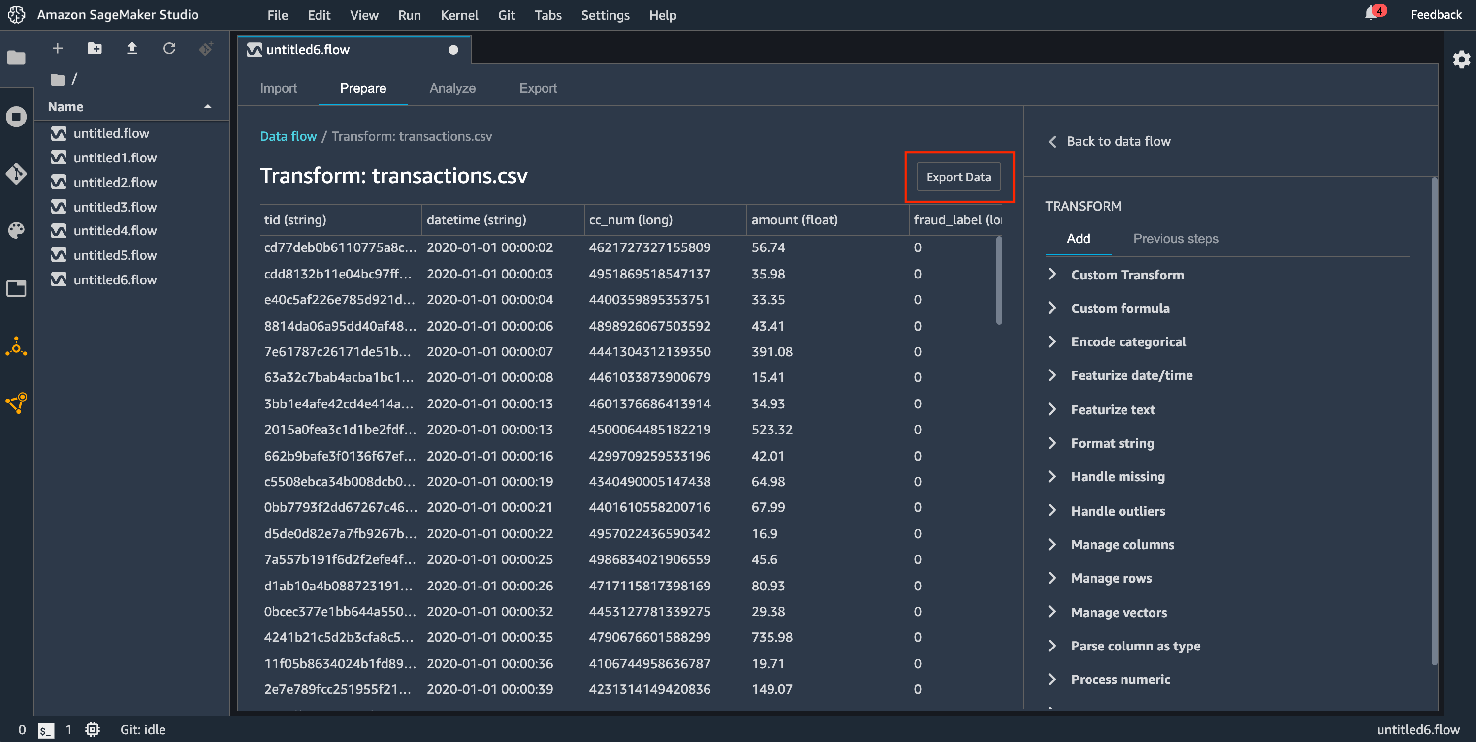 Data Wrangler 콘솔에서 데이터를 내보내는 방법을 보여주는 데이터 흐름 예시입니다.