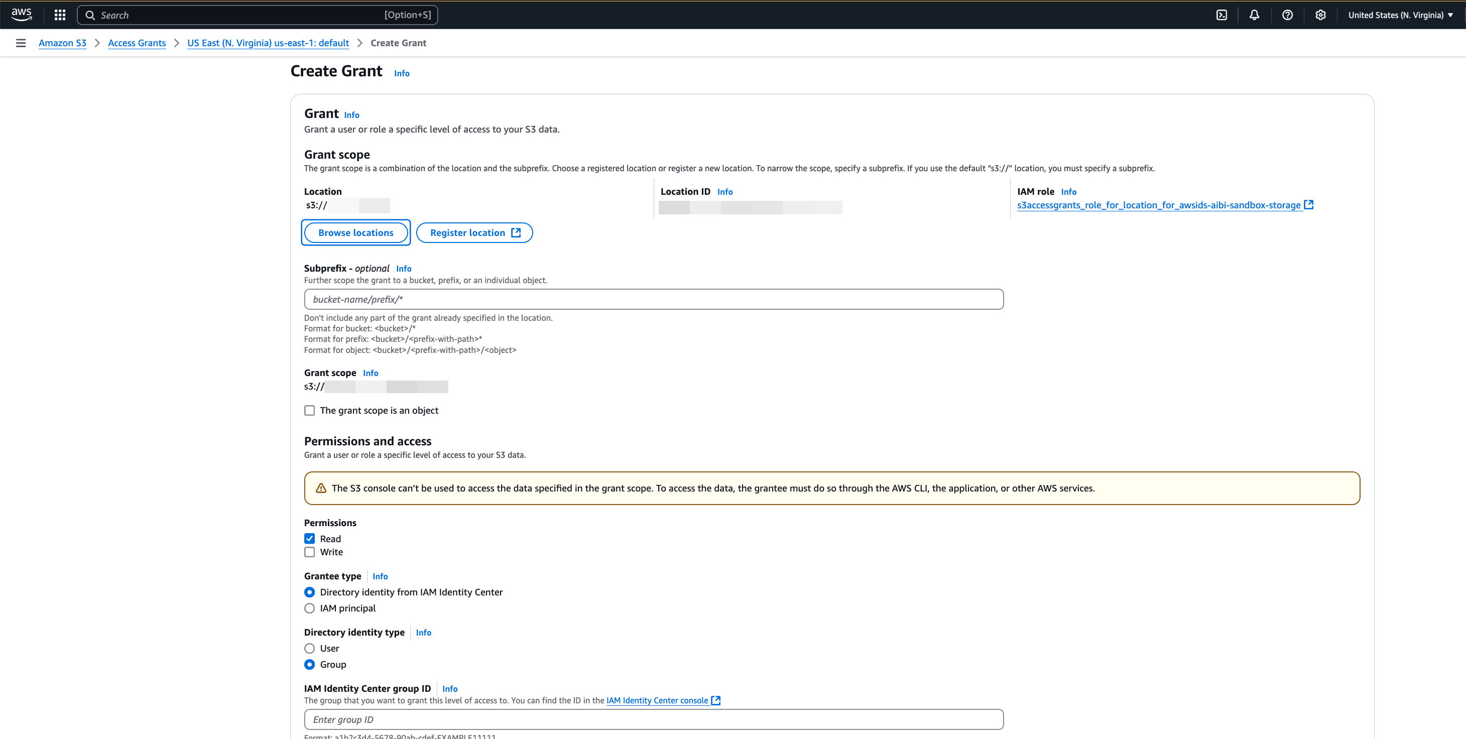 Amazon S3 Access Grants 콘솔에서 권한 부여 생성 페이지.